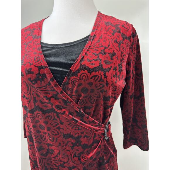 Choices Velvet Faux Wrap Blouse Lined Top Red Black Goth Vamp Whimsigoth Large - Picture 7 of 16